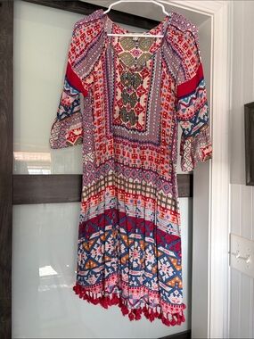 Boho Floral Patchwork Tunic Dress in Red & Blue